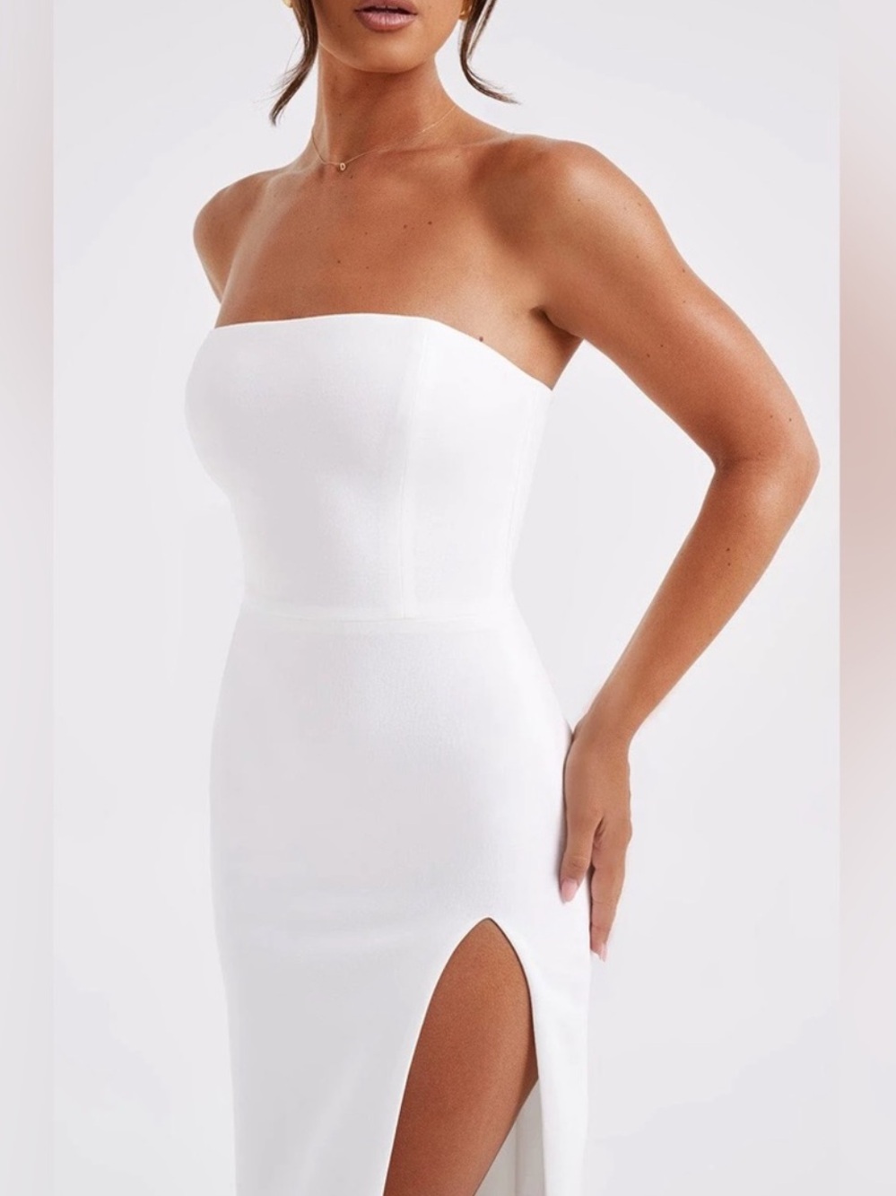 Strapless White Slit Midi Dress